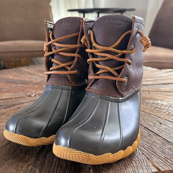 Sperry Saltwater Brown & Black ‘Tan’ Leather Duck Boot - Picture 3 of 6
